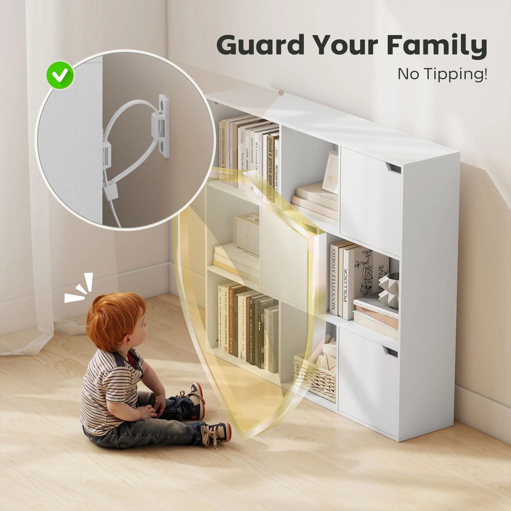 HOMCOM Regał na książki, 9 modułów, 3 drzwi, 6 otwartych półek, do salonu, sypialni, płyta wiórowa, biały