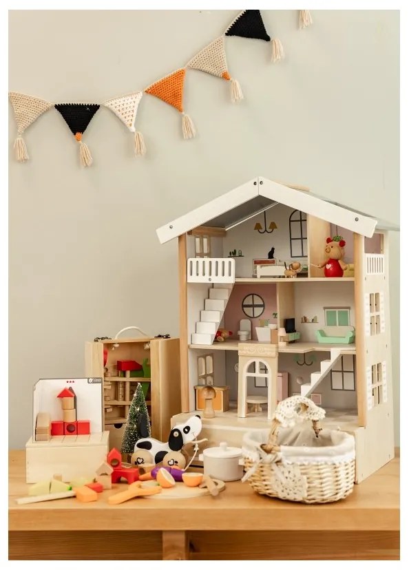 Classic world duży drewniany domek dla lalek 2 figurki naturalne drewno 28 el.