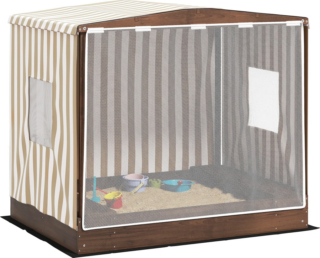 Piaskownica AIYAPLAY, drewniana skrzynia z baldachimem i siatkowymi drzwiami, ławki, ochraniacz podłogi, kolor brązowy