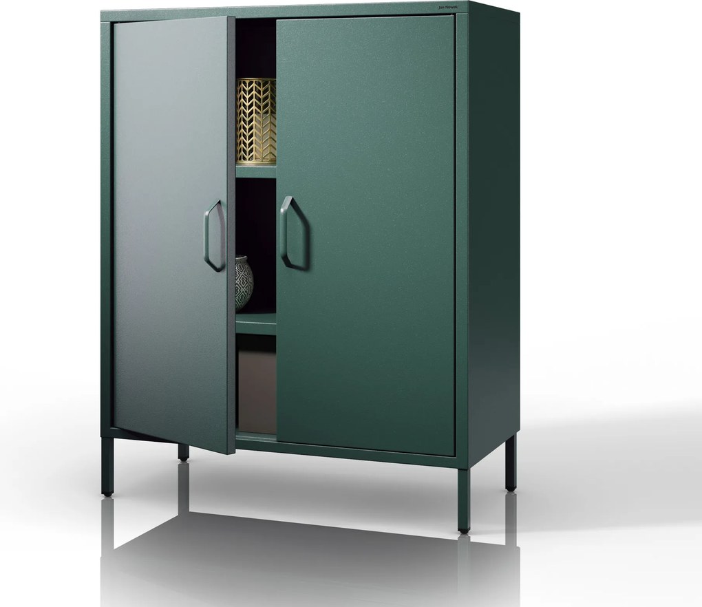 Szafka metalowa niska na nóżkach z półkami butelkowa zieleń, 800x1015x400 mm: VITO Modern