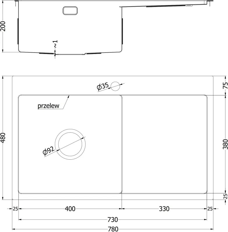 Mexen Exar zlewozmywak stalowy 1-komorowy z ociekaczem, prawy 780 x 480 mm, inox - 6434781010P-01