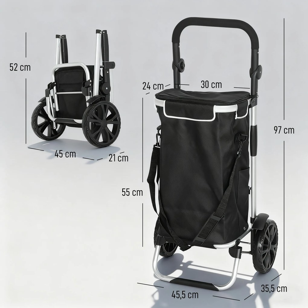 HOMCOM 3 w 1 składany wózek na zakupy 40L, udźwig do 25 kg, z kieszenią termo, czarny