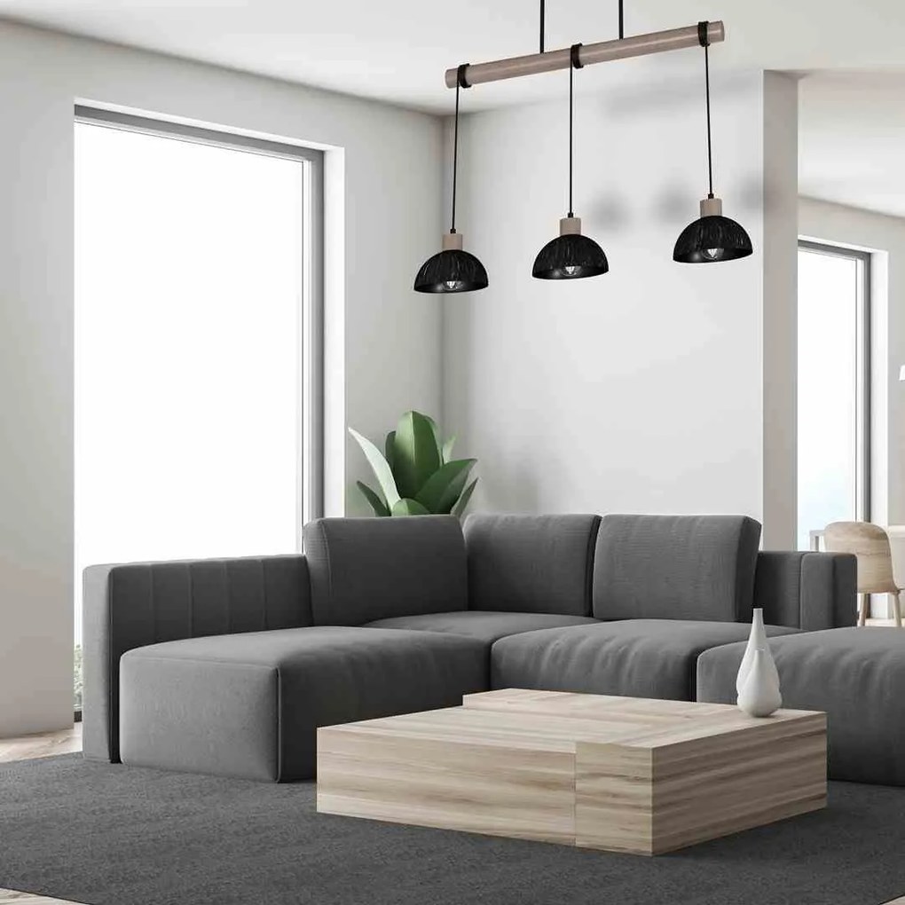 Lampa wisząca, czarna, drewno, potrójna, ERIK Sawn black/Patinated wood 3XE27