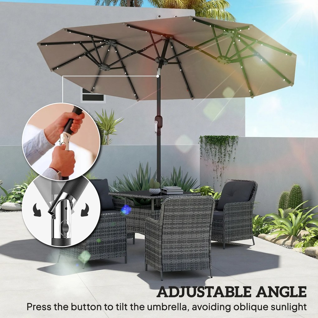 Outsunny Podwójny parasol 292 x 150 cm, parasol z oświetleniem LED, korbka, regulacja kąta, Khaki | Aosom PL
