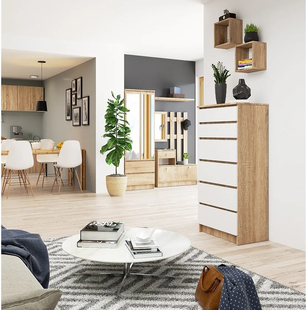 Komoda AKORD K60 Dąb Sonoma 60 cm 6 szuflad kolor Biały mat 60x40x130 cm