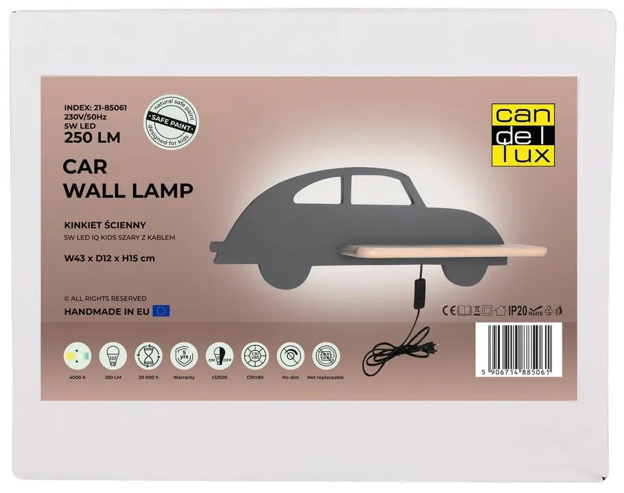 Szara lampa dziecięca Car – Candellux Lighting