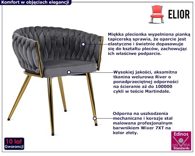 Szare nowoczesne krzesło welurowe z podłokietnikami T9-H00