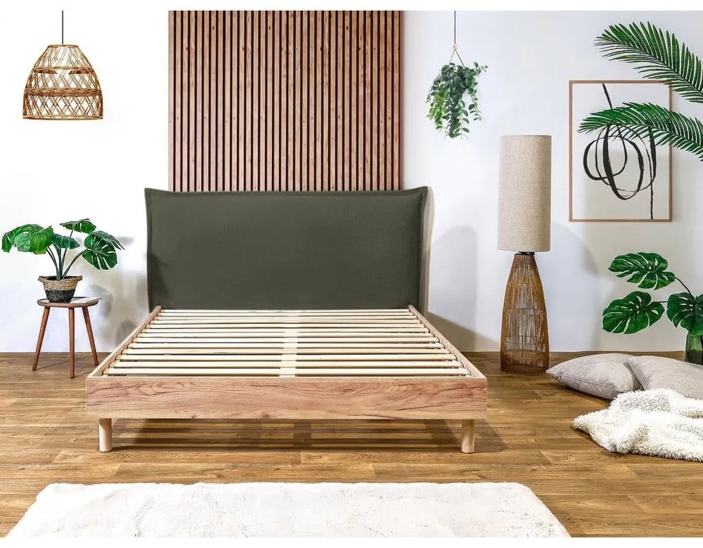 Ciemnozielono-naturalne łóżko dwuosobowe ze stelażem 160x200 cm Charlie – Bobochic Paris