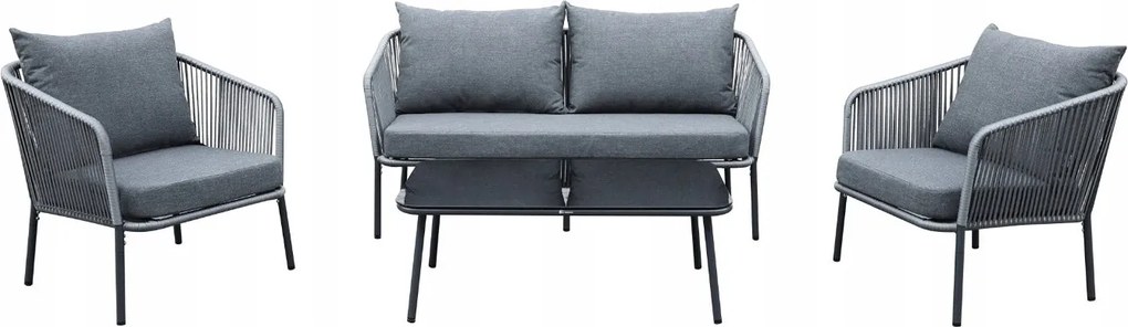 Zestaw mebli ogrodowych antracyt aluminiowa sofa 2 fotele stolik sznurowany