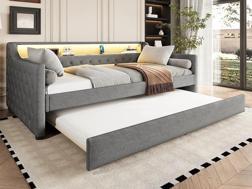 Kanapa z funkcją spania 90 x 200 cm - z oświetleniem LED - z wysuwanym łóżkiem - z USB - len - z stelażem na listwy - szary