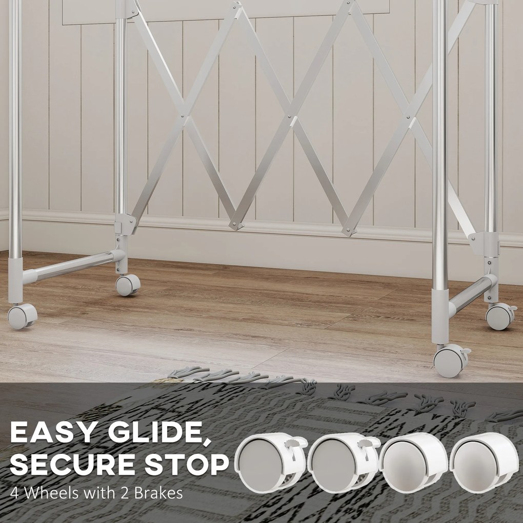 HOMCOM Stojak na pranie, składany suszarka stojąca z 3 regulowanymi prętami, stalowy wieżowy stojak na pranie na kółkach, wieża do suszenia prania do wnętrz i na zewnątrz