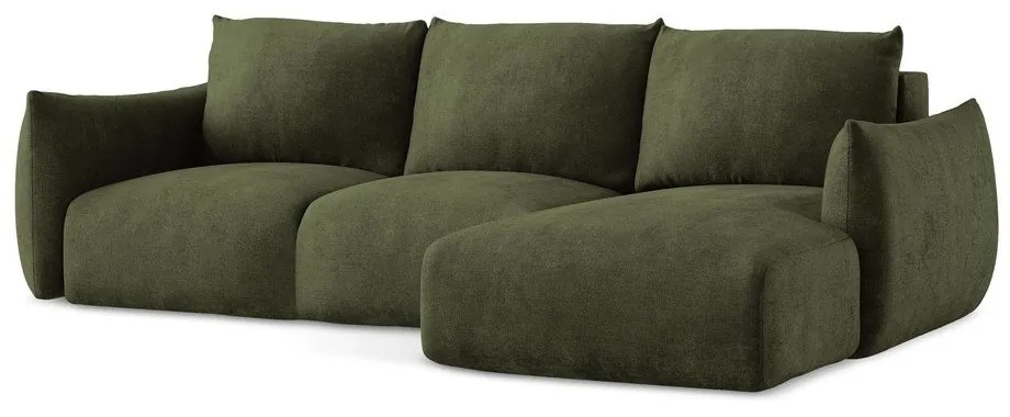 Zielony rozkładany narożnik z tkaniny szenilowej (prawostronny/z szezlongiem) Leila – Makamii