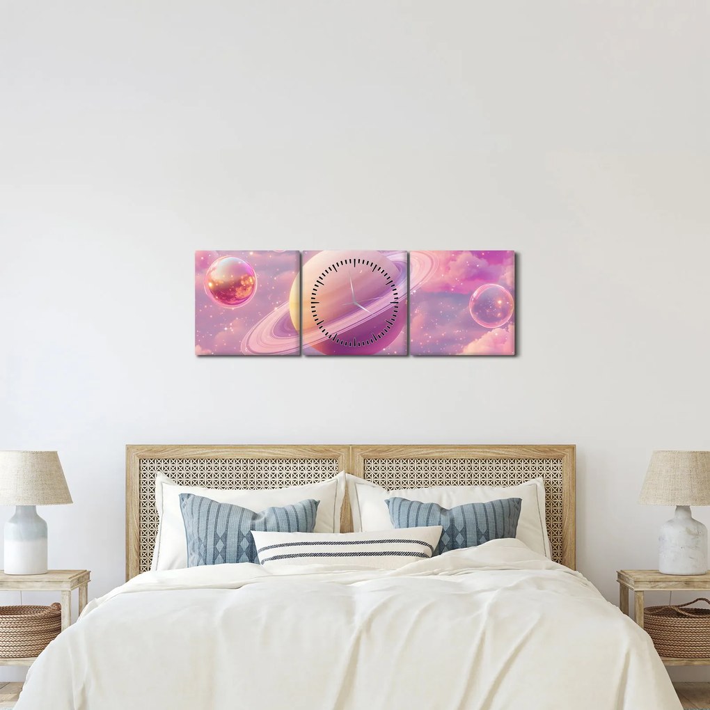 Obraz - Różowa planeta (z zegarem) (90x30 cm)