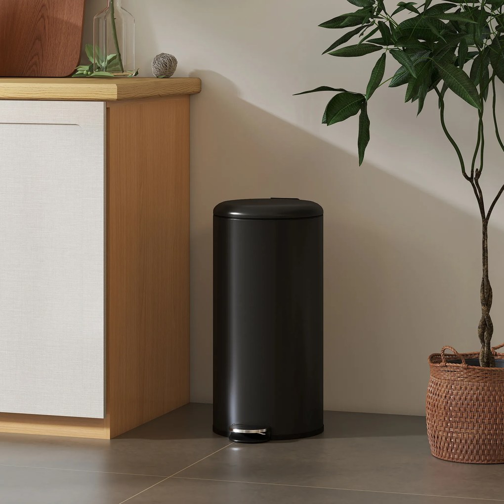 HOMCOM Kosz na śmieci 30 l pedałowy z pokrywą, wkładem wewnętrznym, funkcja miękkiego domyku 36 x 30 x 63,5 cm, czarny | Aosom PL