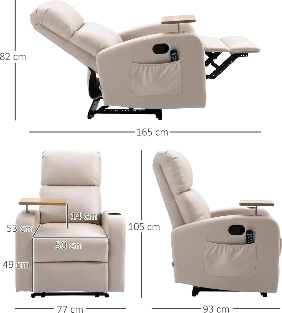 HOMCOM Fotel masujący z funkcją leżenia składany z podnóżkiem i stolikiem beżowy wygodny | Aosom PL