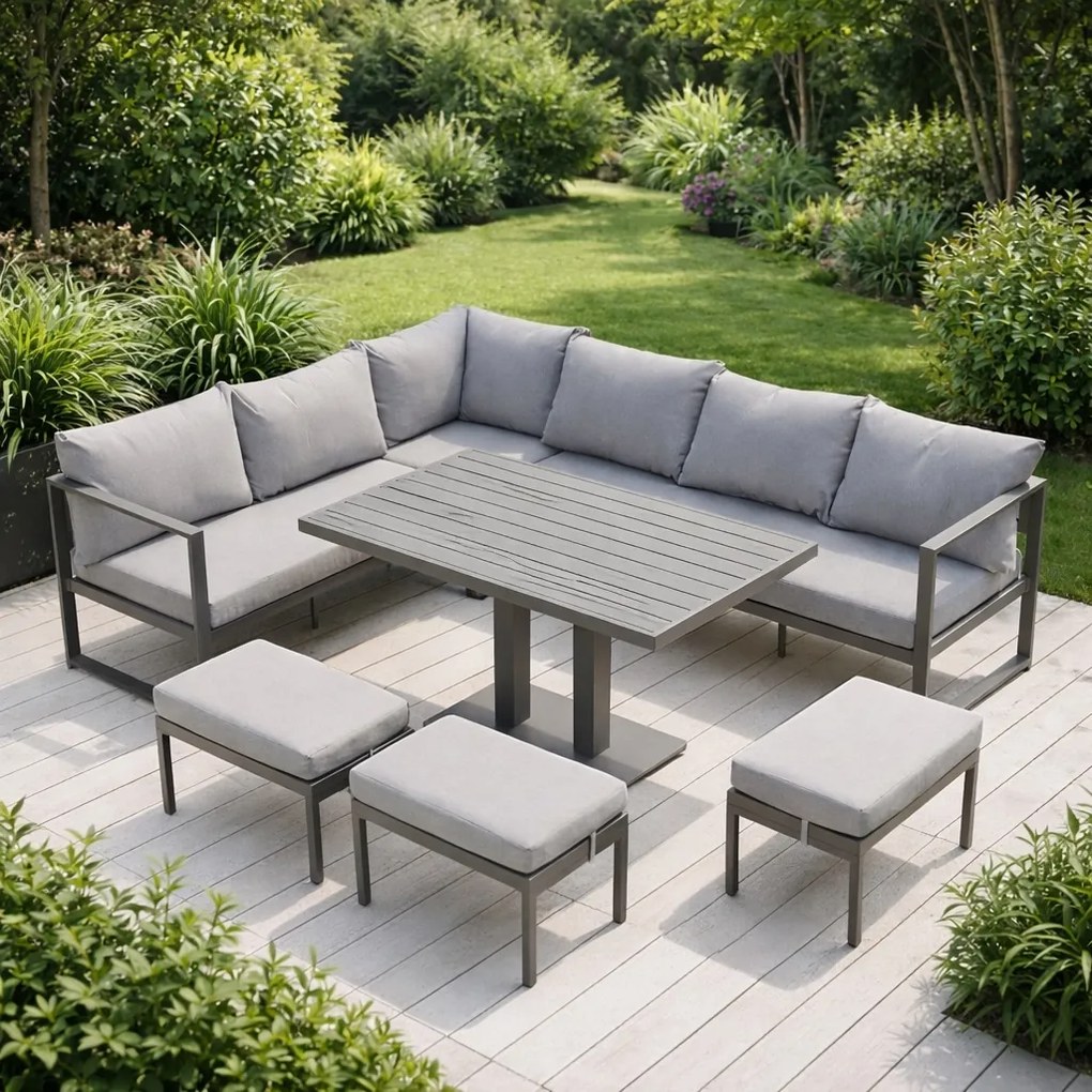 Narożnik ogrodowy Bellagio NM21-G-GR z pufami i ławostołem, szary, poduszki szare