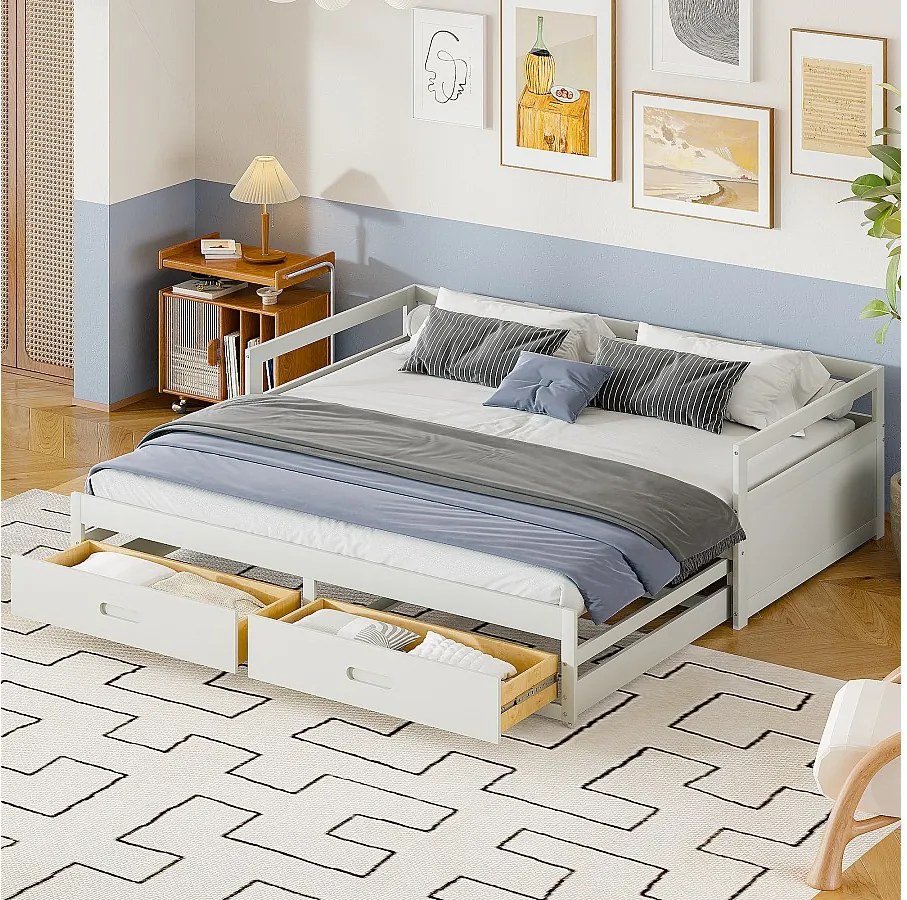 Łóżko z wysuwaną skrzynią 90x200 cm - z 2 szufladami - białe drewno - materac nie jest wliczony w cenę