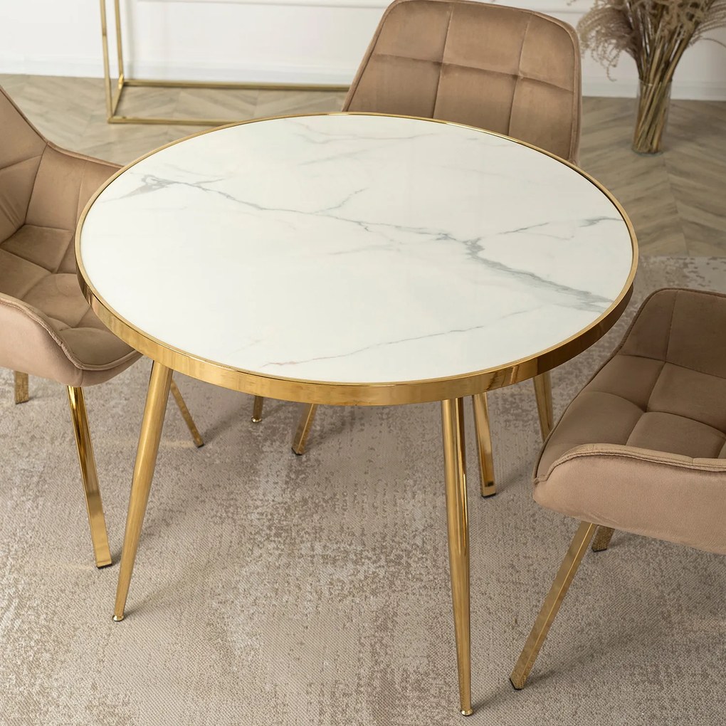 Stół Okrągły TINGA 100 cm Biały Marmur/Złoty Glamour