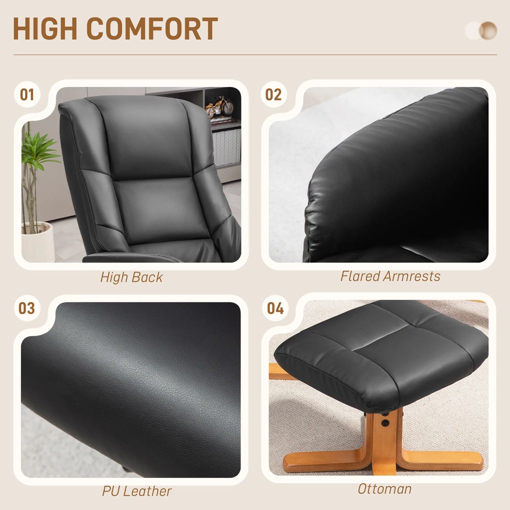 HOMCOM Fotel Wypoczynkowy z Podnóżkiem, Funkcja Leżenia, Pokrycie ze Skóry Ekologicznej, do 150 kg, 71 x 84 x 102 cm, Czarny