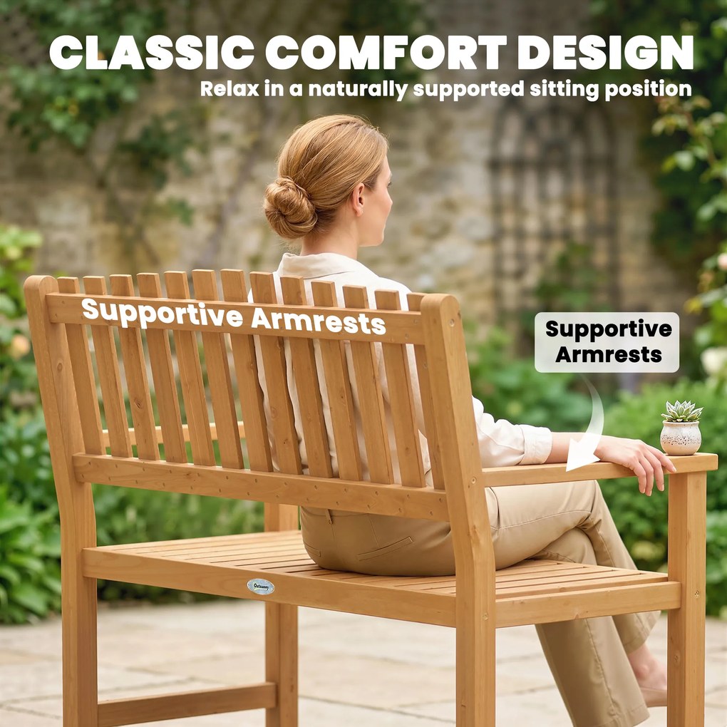 Outsunny Ławka ogrodowa 2-osobowa, odporna na warunki atmosferyczne, drewniana ławka z lamelowym designem i podłokietnikami, do 320 kg, 112 x 64 x 92 cm, naturalne drewno | Aosom PL