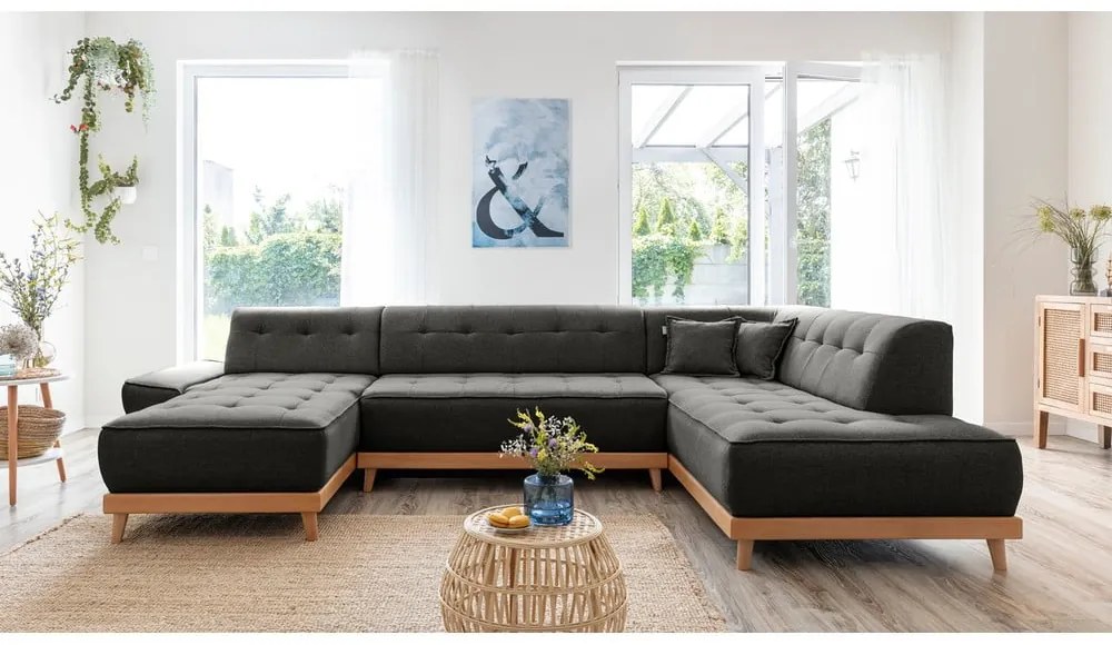 Ciemnoszara rozkładana sofa w kształcie litery "U" Miuform Dazzling Daisy, prawostronna