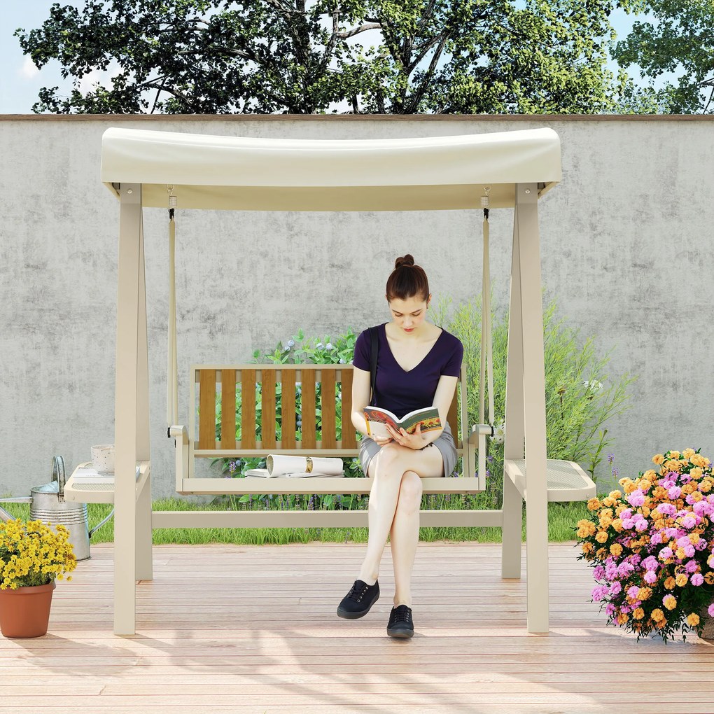 Dwuosobowa huśtawka ogrodowa Outsunny z regulowanym daszkiem, stolik boczny 200 x 120 x 190 cm, Beżowa