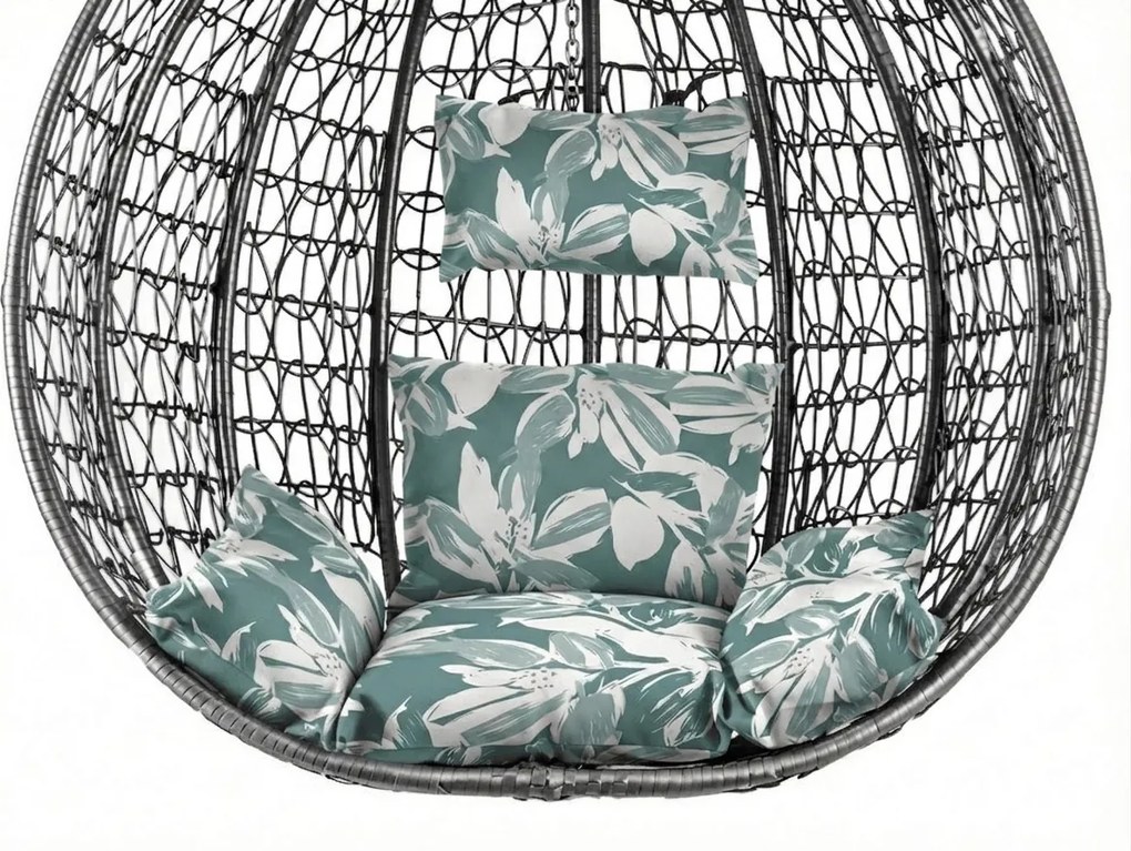 Szary wiszący fotel KOKON ze stojakiem, zielono-biała poduszka