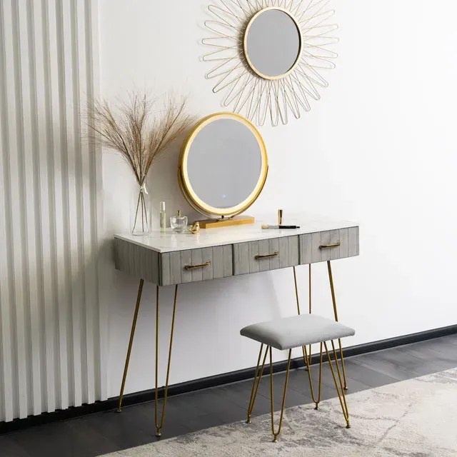 Szara toaletka glamour z taboretem i lustrem LED - Merina