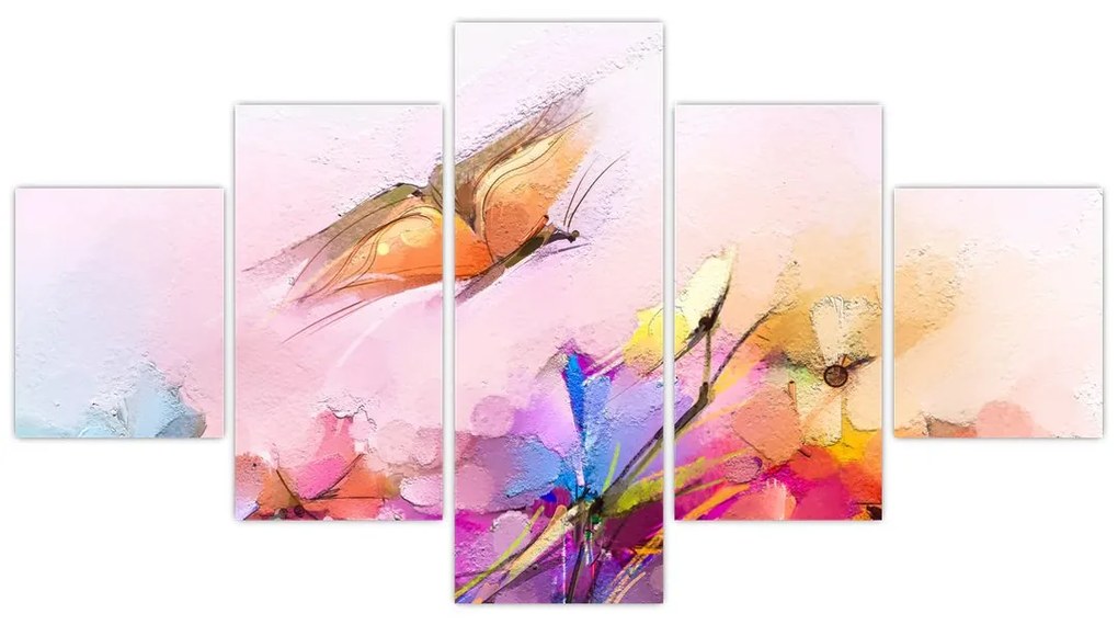 Obraz - Motyl nad kwiatem, abstrakcja (125x70 cm)