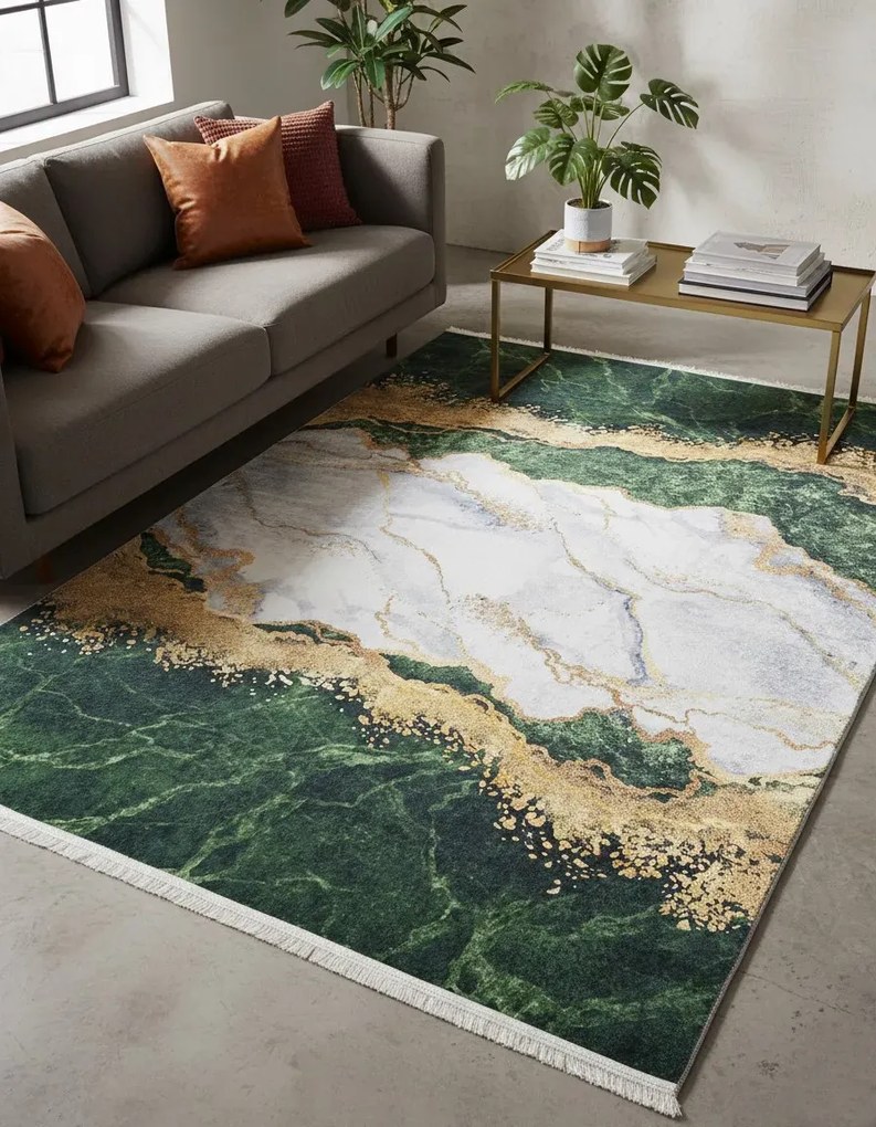 Zielono-złoty dywan glamour z frędzlami L3-L97