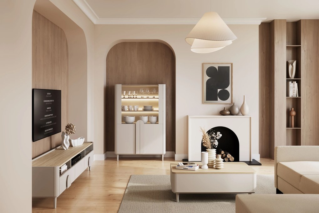 Witryna Amilio do salonu 100 cm na nóżkach - kaszmir / dąb olejowany / uchwyty kaszmir