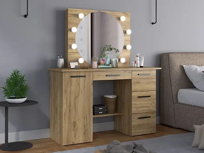 Toaletka z okrągłym lustrem i oświetleniem led dąb craft D5-L84