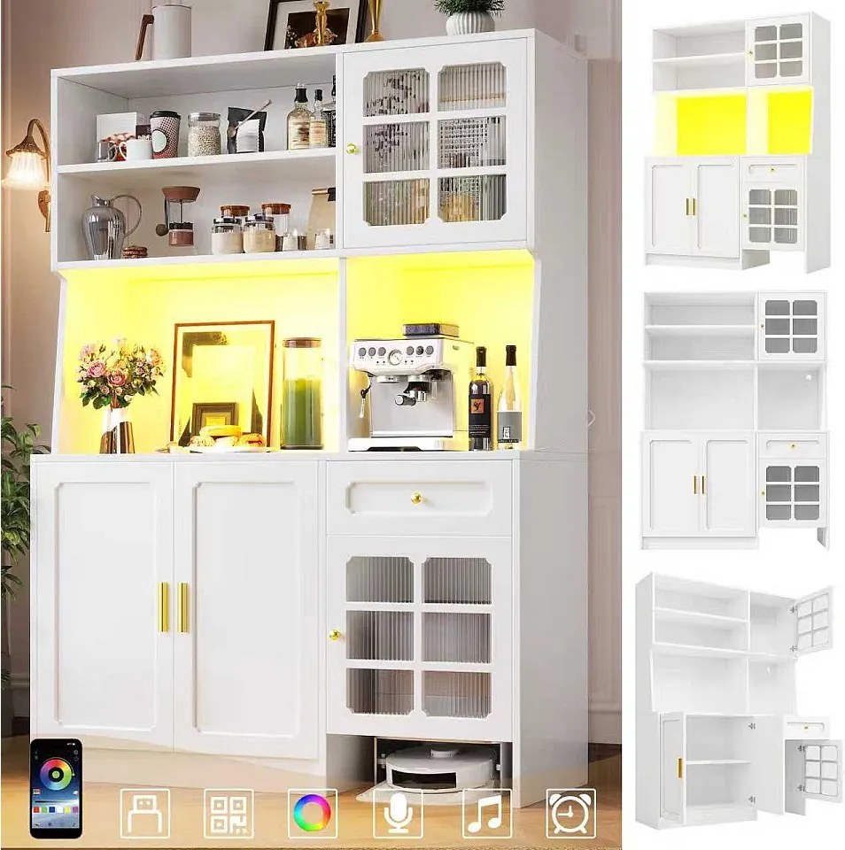 Wysoka komoda kuchenna - 130 x 45 x 180 cm - z drzwiami szklanymi + oświetlenie LED + szuflada + półka - MDF - biała