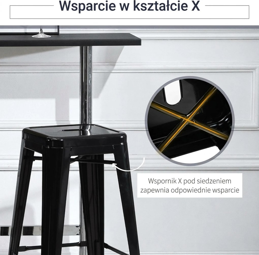 HOMCOM Zestaw 4 Stołków Barowych z Metalu, Do Użytku Wewnętrznego i Zewnętrznego, Składana Konstrukcja, Czarny