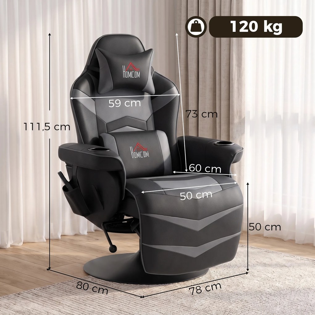 HOMCOM Fotel do gier z funkcją masażu, regulowane oparcie, podnóżek, do 120 kg, konstrukcja stalowa, Skóra Ekologiczna, Szary