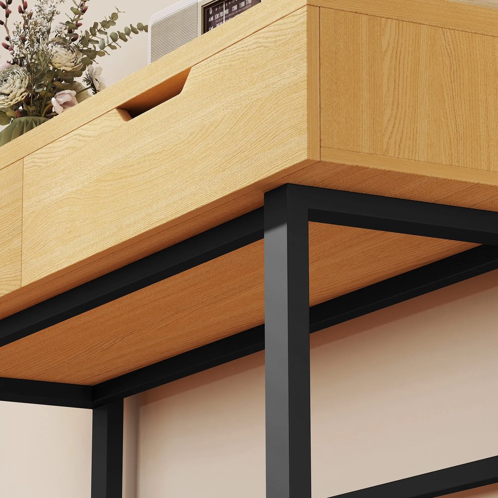 HOMCOM Stolik konsolowy Wąski stolik do przedpokoju z 2 szufladami, metalowa rama, do przedpokoju 110 x 35 x 76,5 cm naturalny | Aosom PL