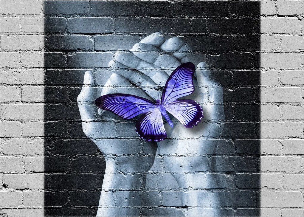 Obraz - Fioletowy motyl na ścianie (70x50 cm)