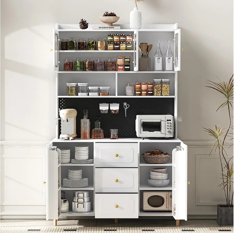 Wysoka komoda kuchenna - 140 x 40 x 190 cm - 3 szuflady + 5 drzwi + półki - MDF - biała