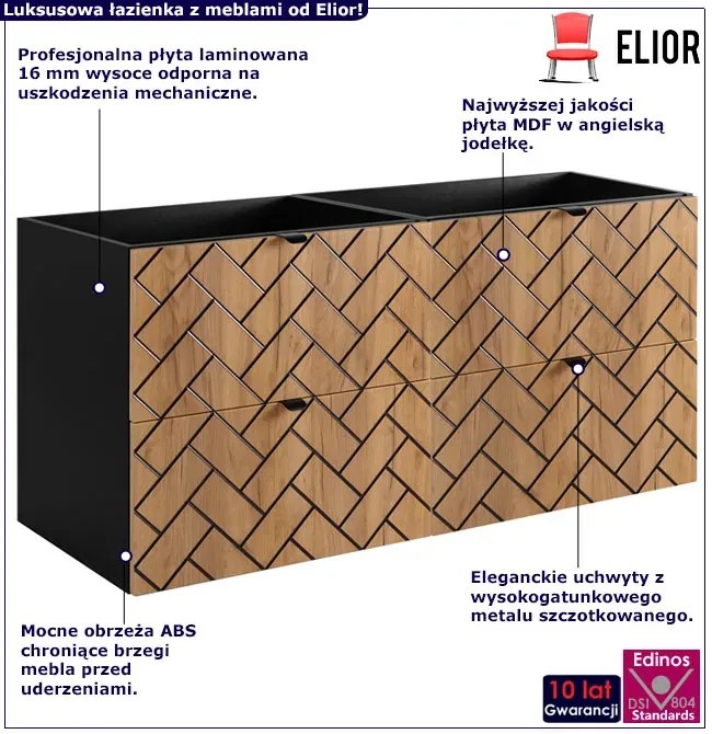 Wisząca szafka umywalkowa podwójna 120 cm czarny + dąb craft złoty P7-B13