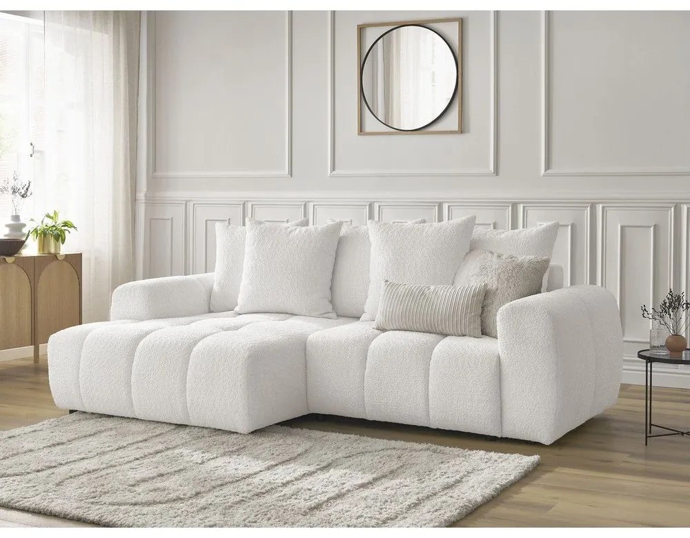 Biały rozkładany/ze schowkiem narożnik z materiału bouclé (lewostronny/z szezlongiem) Roxelane – Bobochic Paris