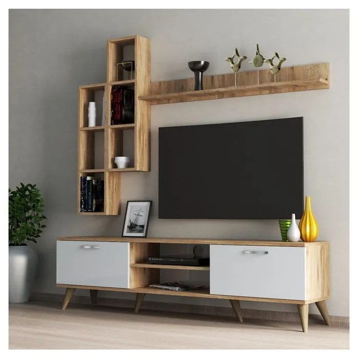 Biały zestaw pod TV w dekorze sosny 180x48 cm Veronica – Kalune Design