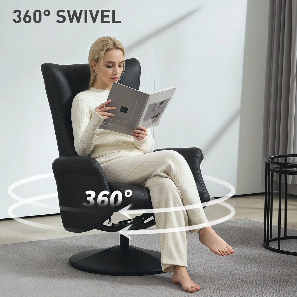 HOMCOM Obrotowy Fotel z Podnóżkiem, w Wyglądzie Skóry, z Regulowanym Oparciem, do 150 kg, Czarny