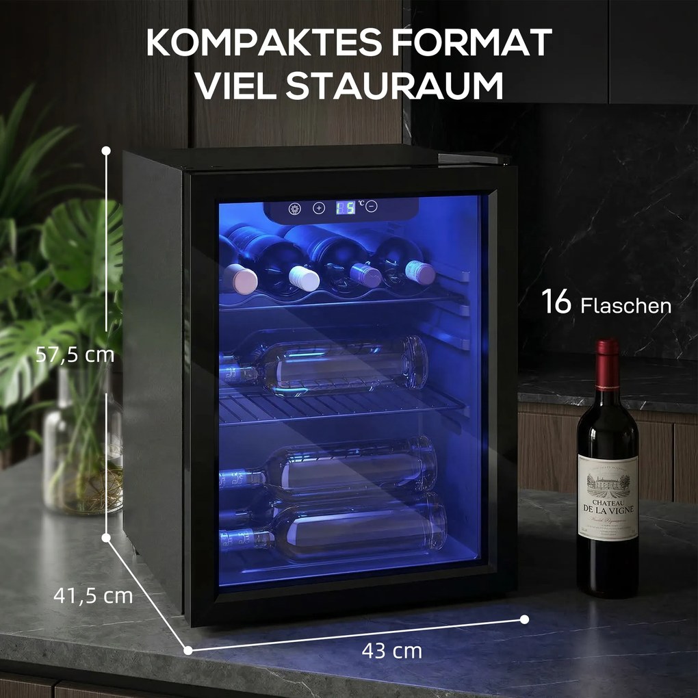 HOMCOM Chłodziarka do wina na 16 butelek, 48 L pojemności, temperatura 4–16°C, podblatowa lodówka na napoje i piwo, z szklanymi drzwiami i LED światłem | Aosom PL