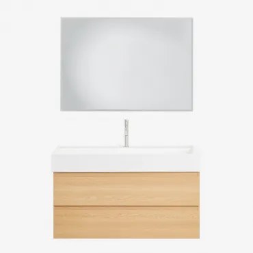 Zestaw Wiszących Mebli Łazienkowych Z Drewna I Forniru Jesionowego Zintegrowany Z Umywalką Ona Naturalna & Prostokątna - Sklum