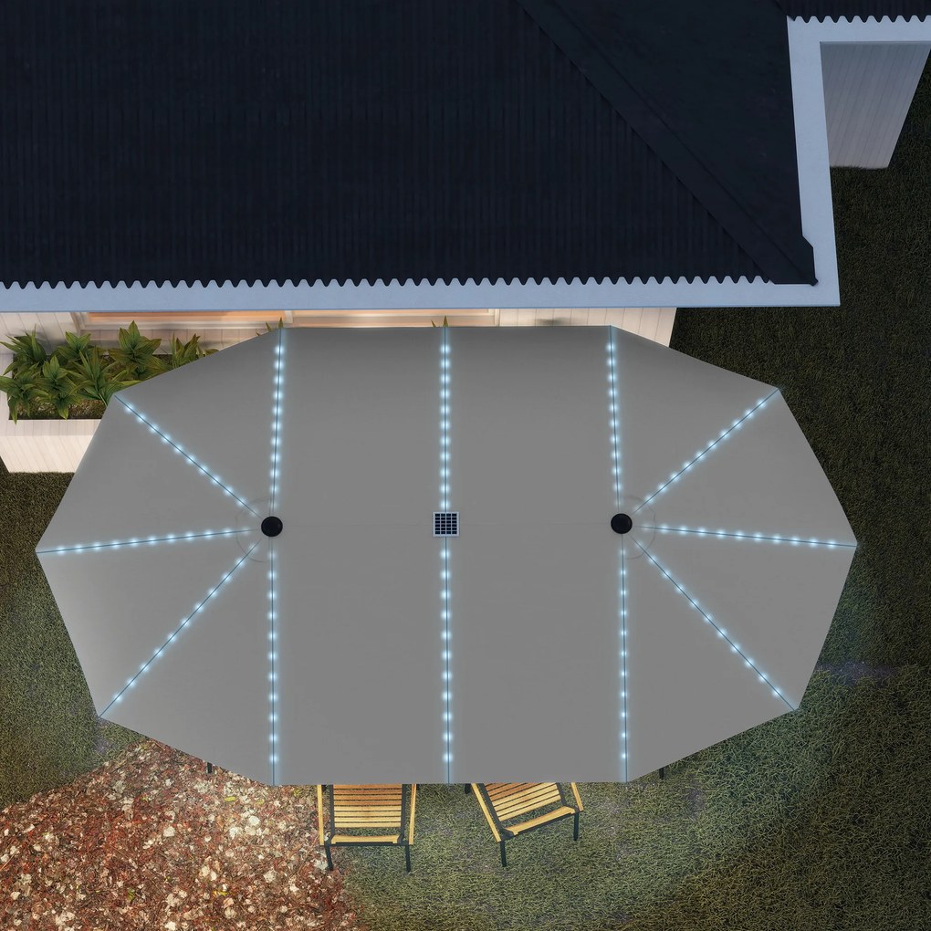 Outsunny Podwójny Parasol z Oświetleniem Solarnym, Aluminium, Poliester, Ochrona UPF50+, Odporność na UV, Parasol Tarasowy, Ciemnoszary