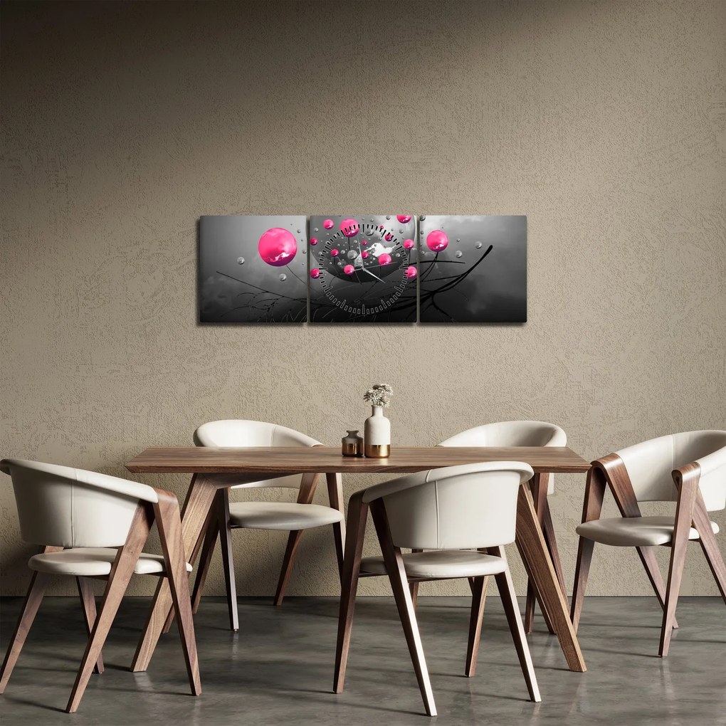 Obraz różowych abstrakcyjnych kul (z zegarem) (90x30 cm)