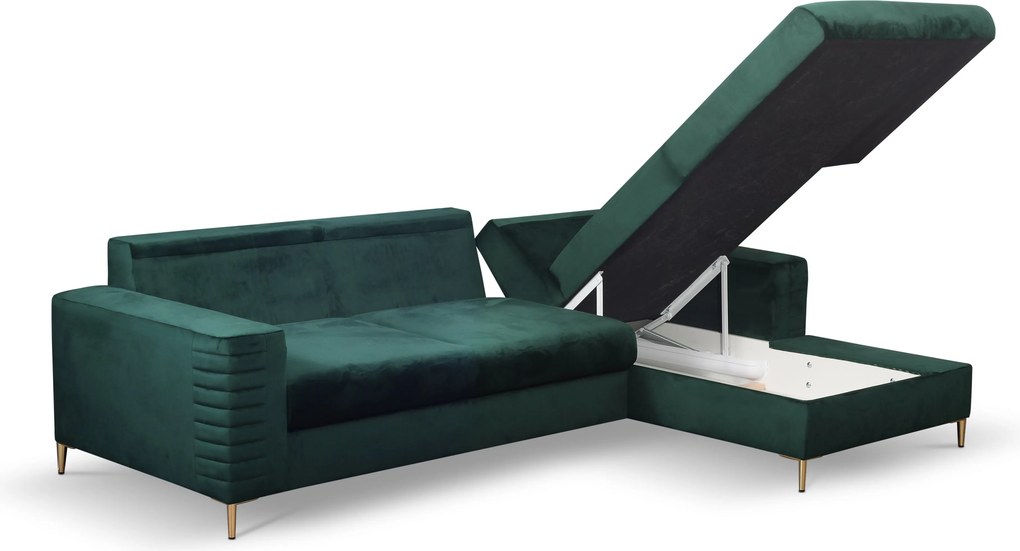 Masseno Narożnik GRIFO z funkcją spania i pojemnikiem na pościel, Rozkładana sofa - Zielony, VELLUTO JUNGLE GREEN 27