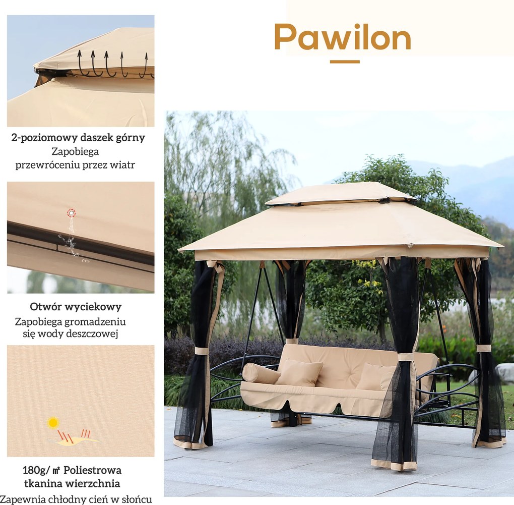 Outsunny Huśtawka ogrodowa 3-osobowa z moskitierą i daszkiem przeciwsłonecznym beżowa | Aosom PL