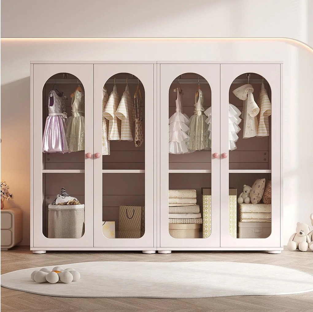 Zestaw 2 lakierowanych szaf dziecięcych - 2 x 80 x 50 x 120 cm - z drążkiem na wieszaki + 4 drzwi z przezroczystego akrylu - MDF - różowy