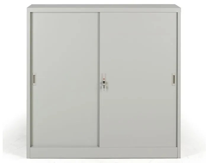 Metalowa szafa z przesuwnymi drzwiami, 2 półki, 1200 x 1200 x 450 mm, jasnoszary